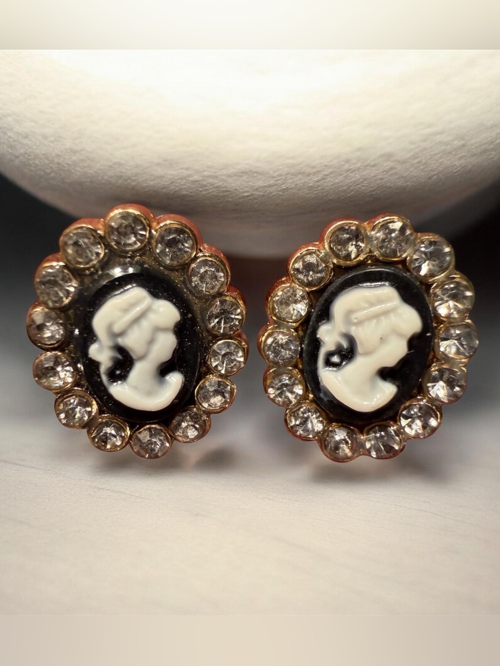Vintage Cameo Oval Earrings With Rhinestones MCM
